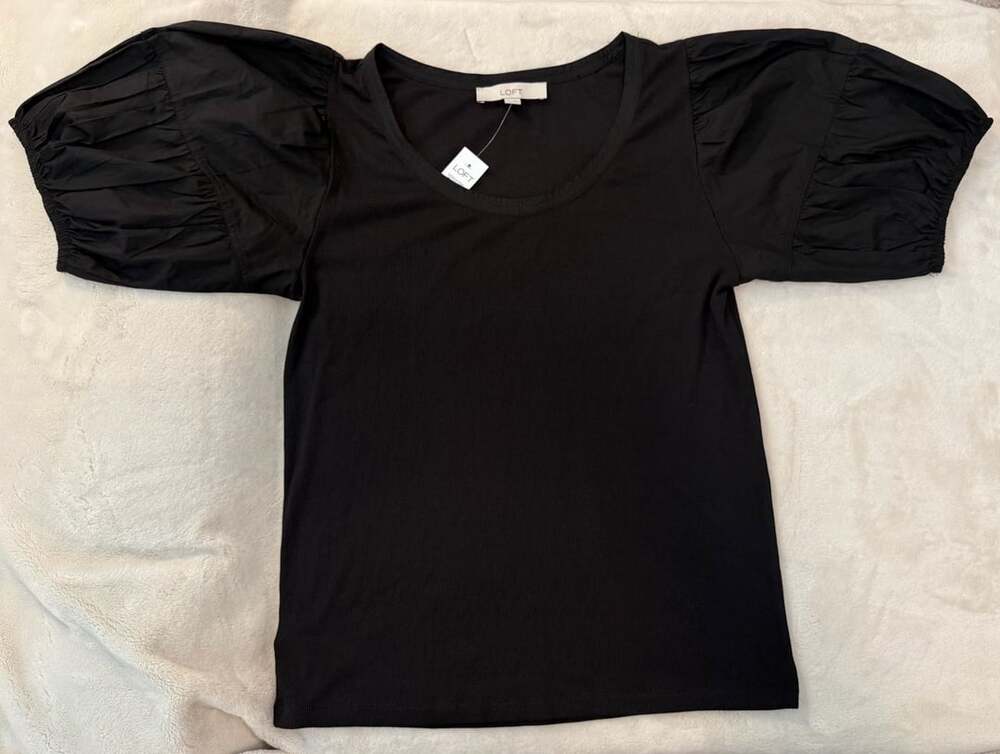 LOFT Puff Sleeve Mixed Media Top Size L Black